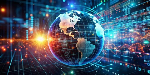 Fototapeta premium Futuristic Fashion Photography Featuring a Digital Globe with Glowing Binary Code Network Representing Advanced Technology and Connectivity in a Modern World