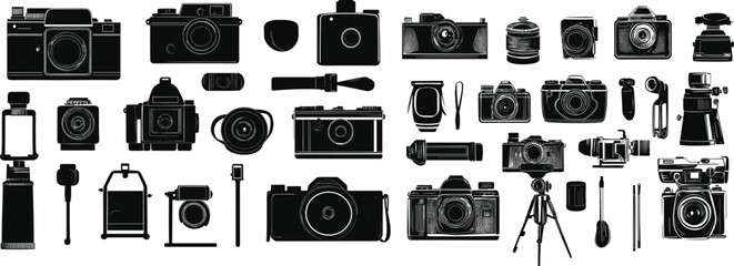 Silhouettes of a Camera in Black and White, Camera Silhouettes Against a Dark Background