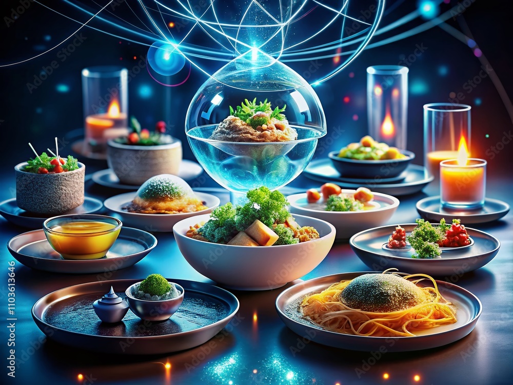 Poster futuristic food presentation merging quantum processing and ai technology for business and science c