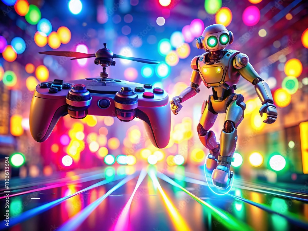 Poster futuristic gaming experience: a gamepad controlling a flying robot in an immersive video game world 