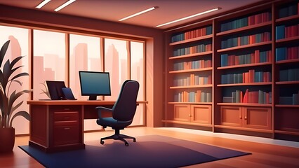 Fototapeta premium Modern library with bookshelf illustration. Librarians desk with desktop computer. Interior illustration 