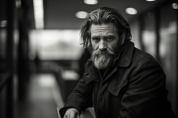 Portrait of a handsome man with a long beard and mustache in a black leather jacket