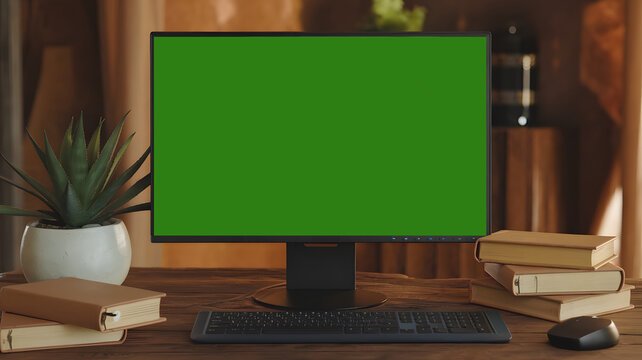 There is a green screen Dell desktop computer placed on a wooden desk