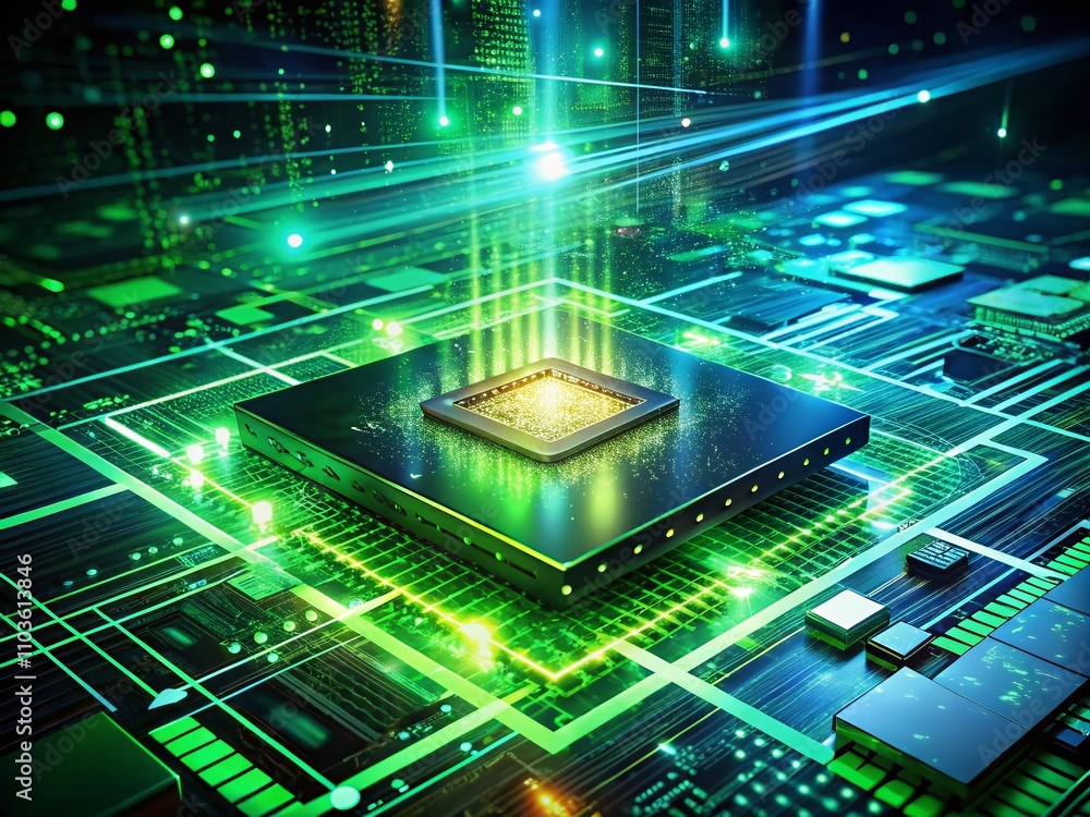Poster futuristic glowing green microchip data analysis in a panoramic technology landscape with abstract e