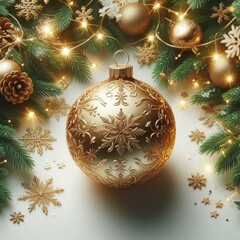 Elegant golden Christmas bauble with intricate snowflake patterns, surrounded by festive greenery and fairy lights