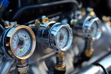 Detailed Close-Up of Precision Engine Gauges Displaying Measurement Metrics, Indicating Pressure Levels on Automotive Engine with Professional Engineering Finish
