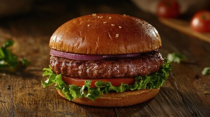 Close-up home made beef burger on wooden table
