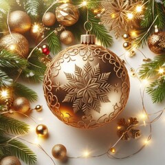 Elegant golden Christmas bauble with intricate snowflake patterns, surrounded by festive greenery and fairy lights