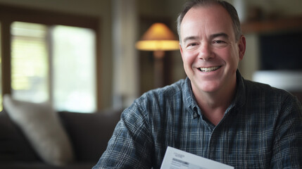 Senior man smiling joyfully as he receives a retirement payment check in a cozy living room, celebrating financial security and peaceful home life.