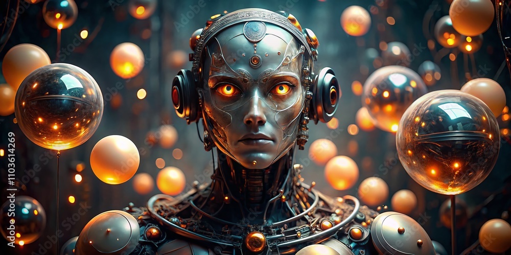Poster futuristic humanoid figure in cyberpunk setting with glowing eyes and floating spheres in a dark atm