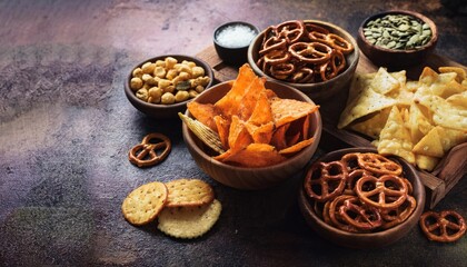 Salty snacks. Pretzels, chips, crackers 