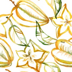 Hand-painted watercolor pattern featuring starfruit (carambola) slices, whole fruits, and green leaves. Vibrant tropical colors with organic shapes on a white background