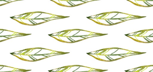 Hand-painted watercolor pattern of green horizontal leaves. Organic design with soft brushstrokes, natural textures, and a fresh botanical feel on a white background.