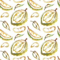 Handcrafted watercolor durian pattern with vibrant green, yellow, and orange hues. Features durian slices, whole fruit, and leaves on white. Perfect for culinary designs, packaging, or tropical themes