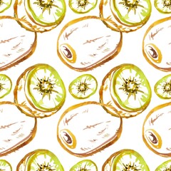 Seamless watercolor kiwi fruit pattern featuring whole and sliced kiwis in green and brown tones. Hand-painted design ideal for packaging, textiles, wallpapers, and culinary projects.