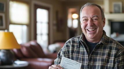 Senior man smiling joyfully as he receives a retirement payment check in a cozy living room, celebrating financial security and peaceful home life.