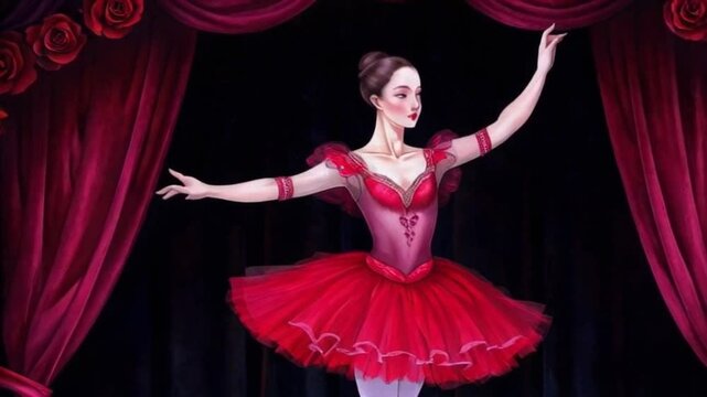 A beautiful illustrated ballerina dancing on stage in a red tutu.