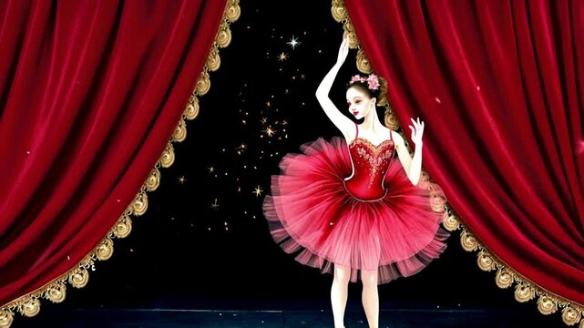 A beautiful illustrated ballerina dancing on stage in a red tutu.