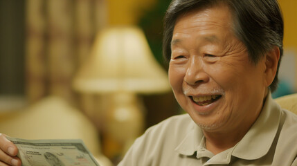 Senior man smiling joyfully as he receives a retirement payment check in a cozy living room, celebrating financial security and peaceful home life.