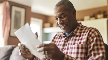 Senior man smiling joyfully as he receives a retirement payment check in a cozy living room, celebrating financial security and peaceful home life.
