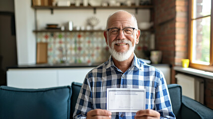 Senior man smiling joyfully as he receives a retirement payment check in a cozy living room, celebrating financial security and peaceful home life.