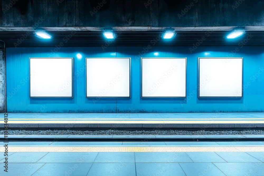 Poster empty advertisement frames in an urban subway station with blue lighting creating a modern and minim