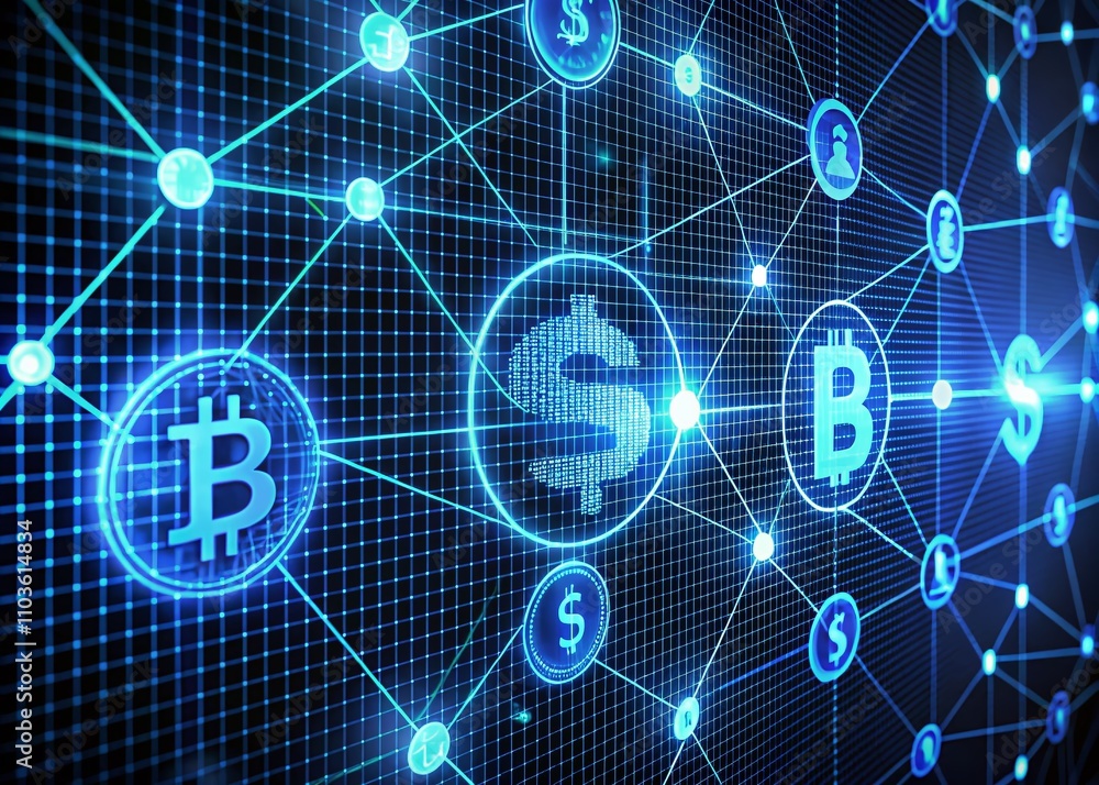 Poster Futuristic Motion Graphics of Blue Digital Currency Icons Interconnected on a Grid Mesh with Line Connections Rotating in an Abstract Technology Background for Financial and Cryptocurrency Themes