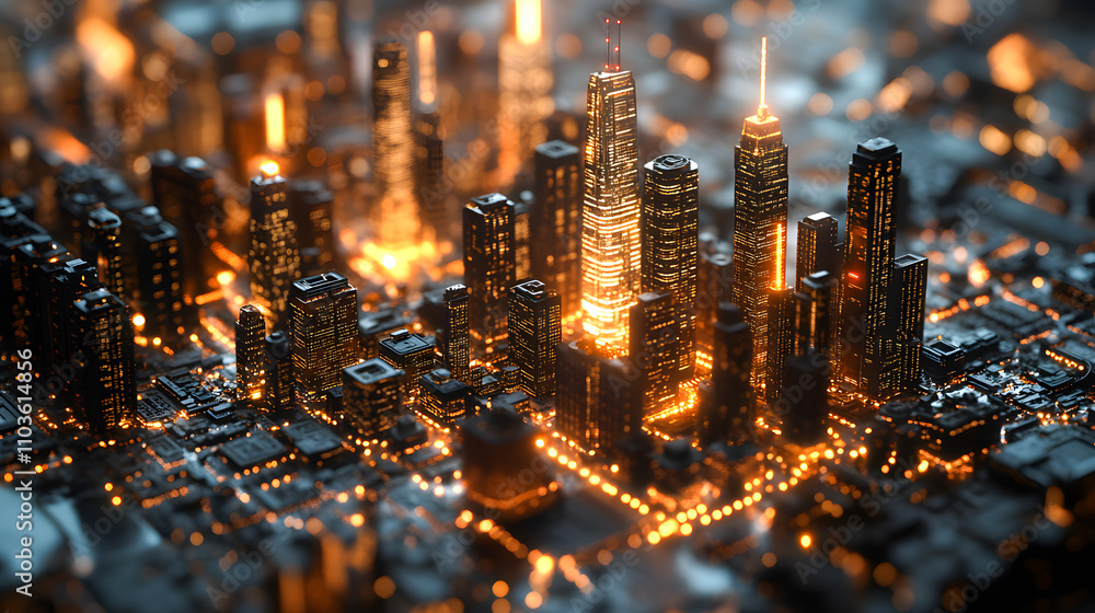 Poster high tech data network colour grids over miniature cityscape with cinematic colouring created