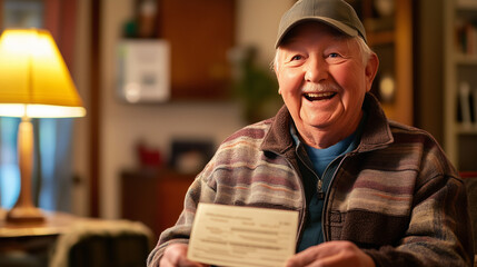 Senior man smiling joyfully as he receives a retirement payment check in a cozy living room, celebrating financial security and peaceful home life.