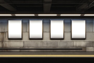 Empty Advertising Billboards in Modern Subway Station with Neon Lights and Minimalist Decor for Urban Advertising or Design Concepts