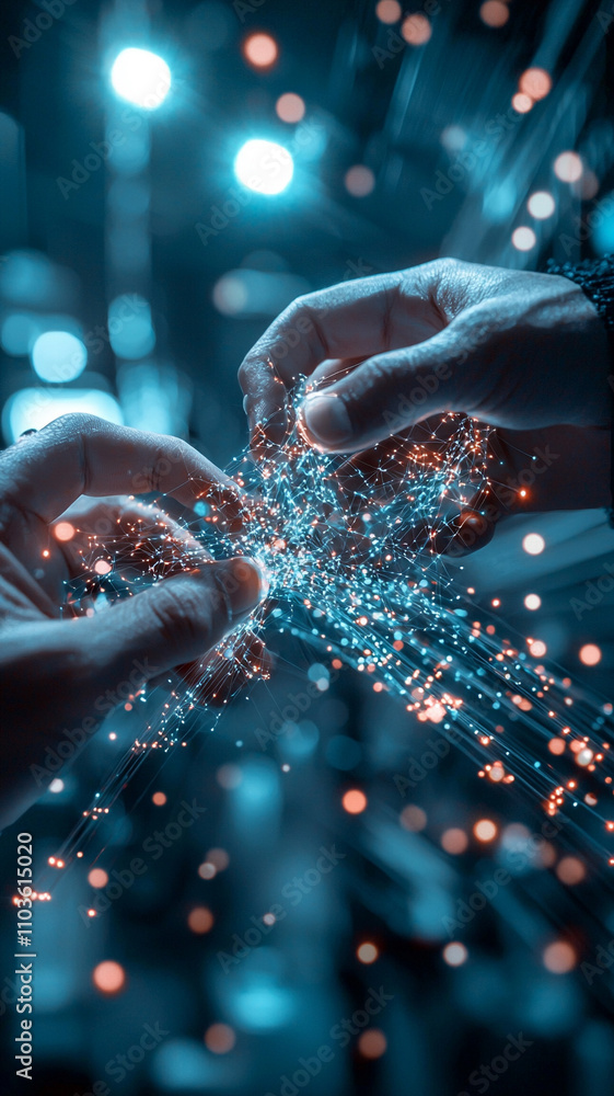 Poster ai generate connection through hands digital realm visual art futuristic environment intimate viewpo