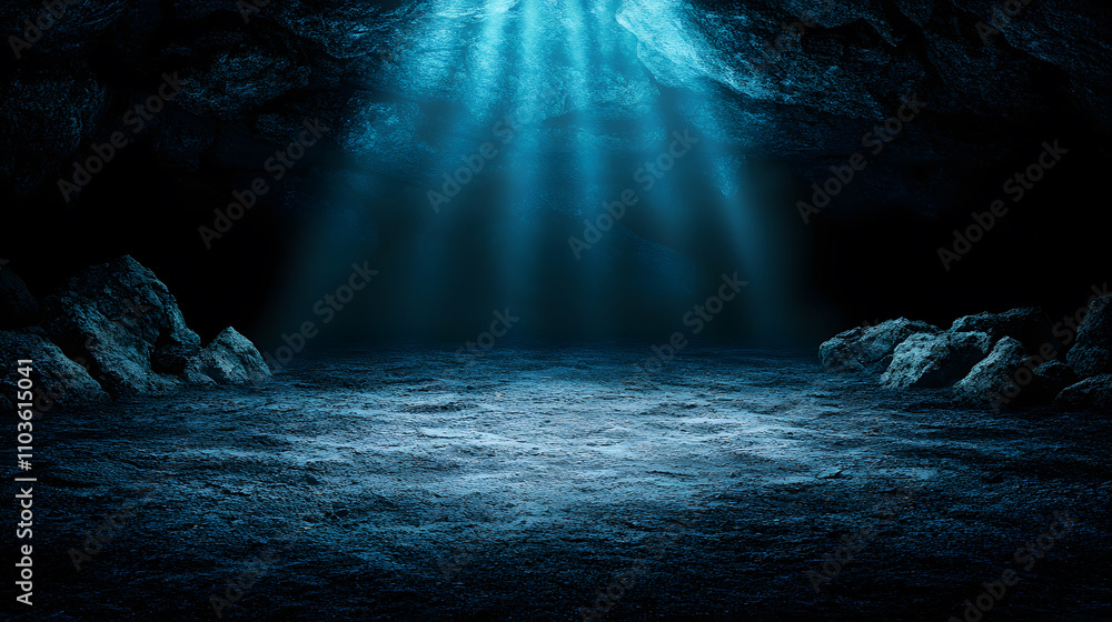 Poster a tranquil underwater scene illuminated by shafts of light, showcasing a serene ocean floor surround