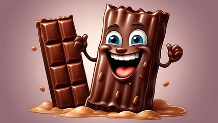 Illustration of a cartoon chocolate bar with emotion. A chocolate bar character with a cheerful grin, suitable for confectionery branding or playful dessert-themed projects.
