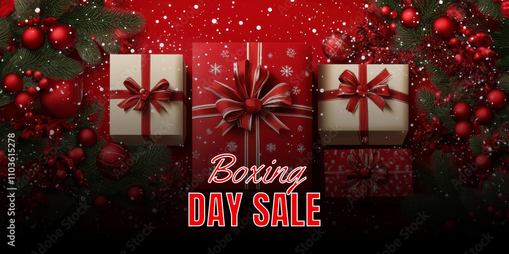 Wall mural boxing day sale banner with top view of gift boxes surrounded by baubles and fir leaves on red snowf