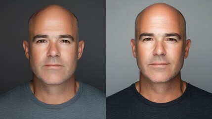 Transformation of a bald man showcasing subtle changes in expressions