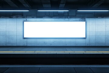 Obraz premium Empty Subway Station Platform with Blank Advertising Space Ready for Content in Modern Industrial Design, Perfect for Urban Settings or Public Transportation Themes