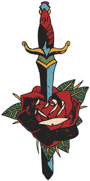 Dague transperce rose fleur couteau poignard Tattoo old school style tatouage