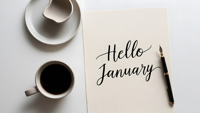 Hello January lettering text postcard background