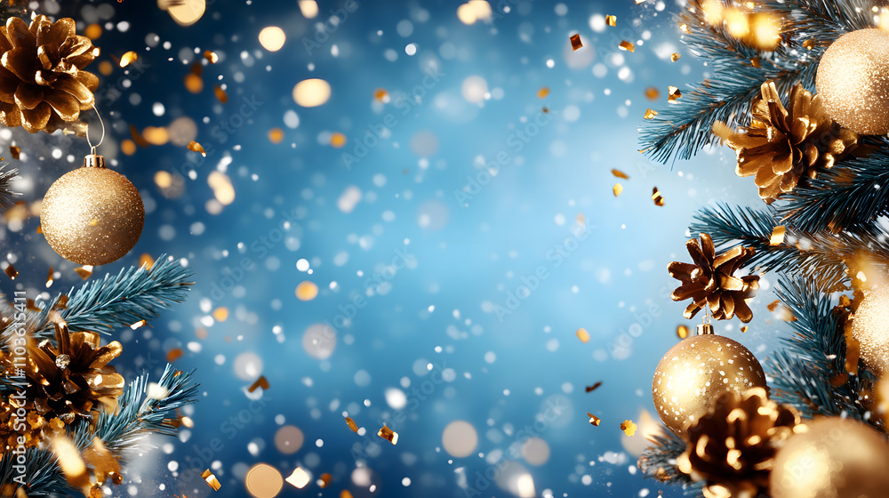 Aufkleber a festive scene featuring golden ornaments and pinecones, surrounded by shimmering confetti against 