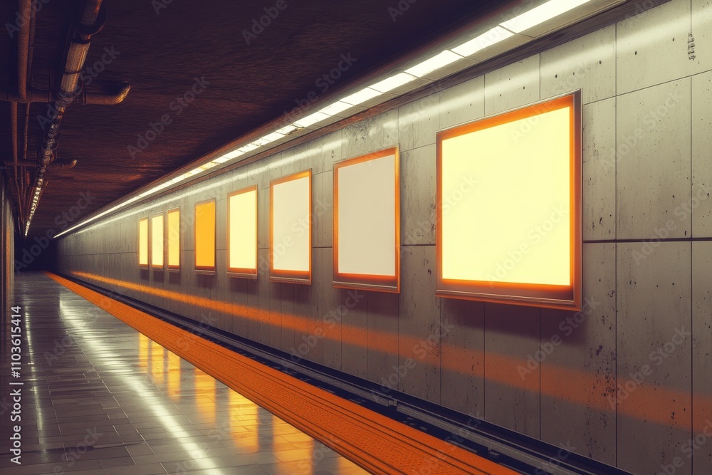 Poster empty subway station with illuminated orange frames on walls and reflective floors, capturing urban 
