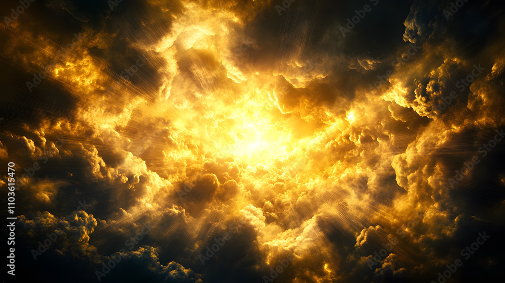 Poster A dramatic sky filled with swirling clouds illuminated by a bright, fiery light, creating an intense and atmospheric scene
