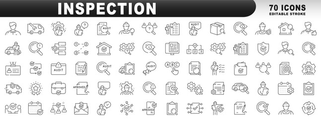 Big set of inspection related line icons. Test, check, control, analysis etc. Editable stroke