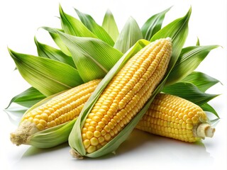 Night Photography of Fresh Corn Ears with Leaves Isolated on White Background, Perfect for Package Design Elements and Culinary Themes, Highlighting Natural Freshness and Organic Appeal