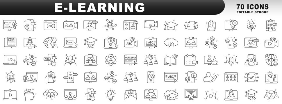 Big set of e-learning related line icons. Education, online, seminar, conference etc. Editable stroke