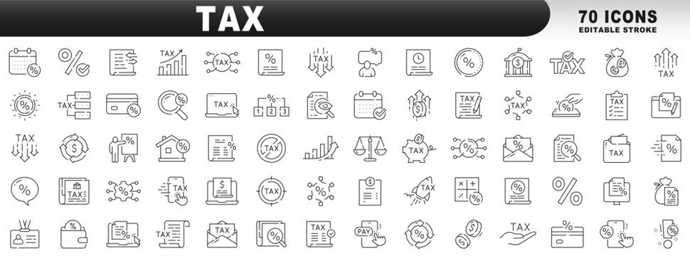 Big set of tax related line icons. Payment, report, fee, percent etc. Editable stroke