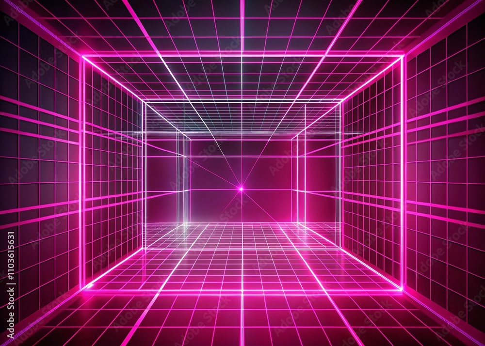 Poster futuristic pink wireframe room with digital grid and empty perspective in cyberspace - virtual reali