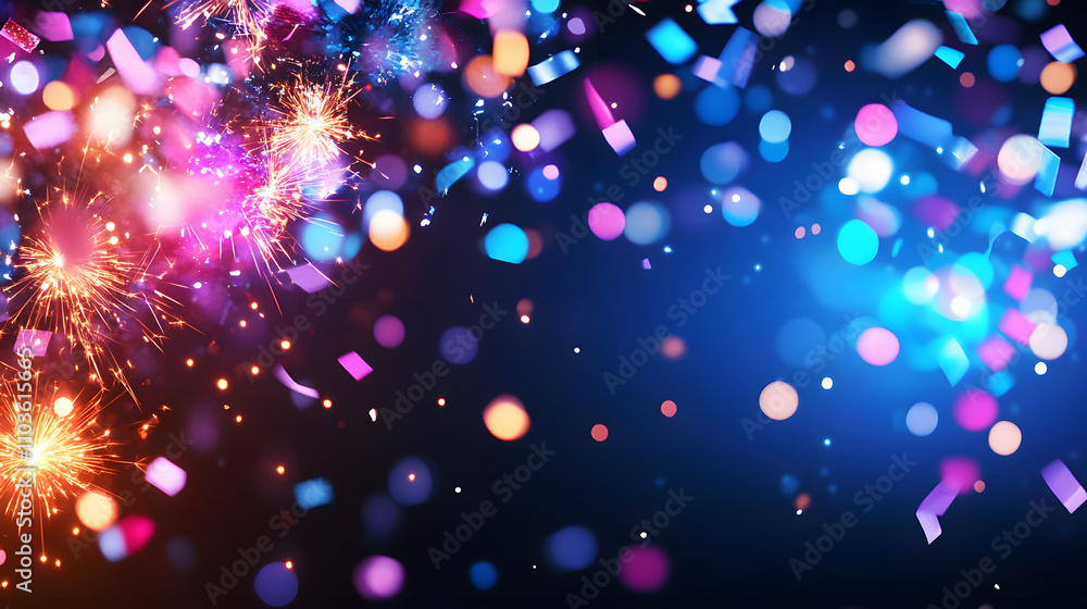 Poster a vibrant display of colorful confetti and sparkling lights against a deep blue background, perfect 