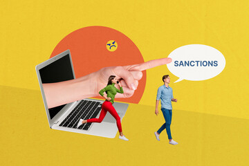 Composite photo collage of two girl speak phone guy walk unhappy smiley sanction block hand peek...