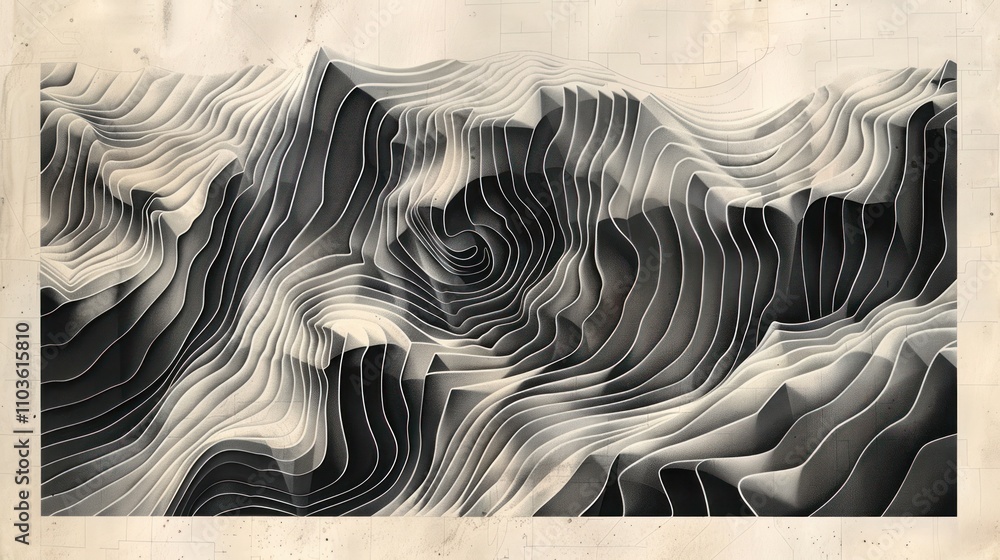 Poster abstract grayscale landscape with flowing lines and contours.