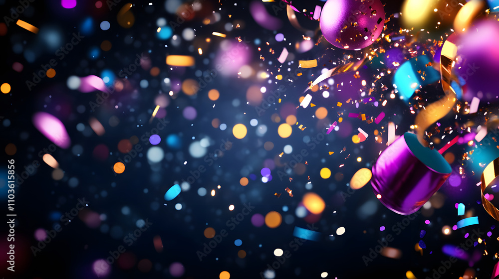 Poster a vibrant explosion of colorful confetti and festive decorations creating a joyful, celebratory atmo